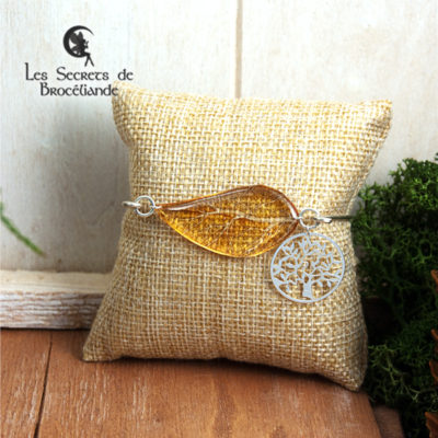 Bracelet Arbre de vie de couleur jaune en résine, monture en argent 925. Fabrication artisanale.